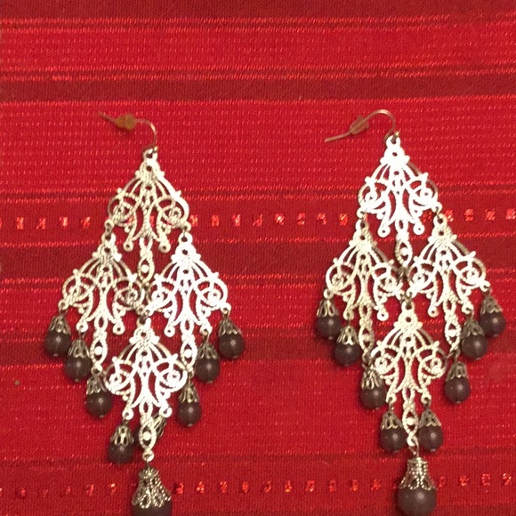 Silver Tone "Chandelier" Earring  with Gray Beads - Picture 2 of 3